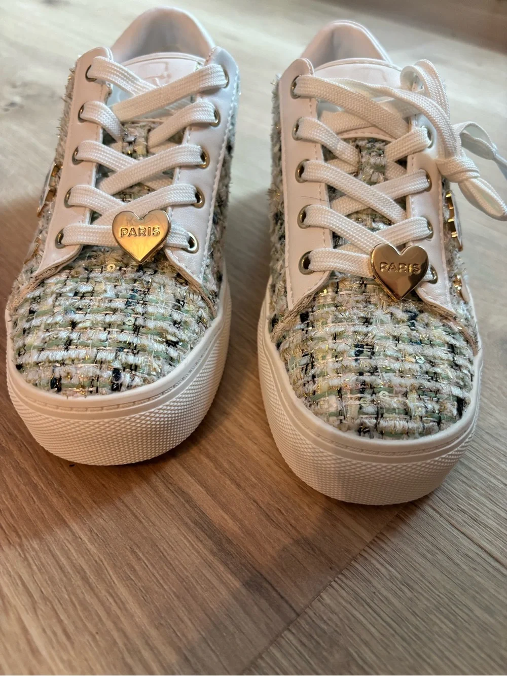 Karl Lagerfeld White Tweed Platform Espadrille Sneakers with Gold Accents